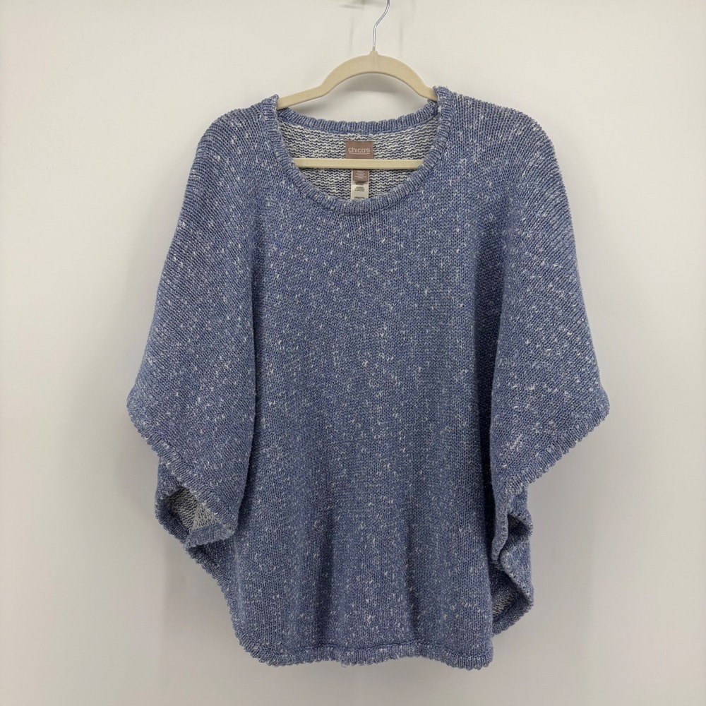 Chico's Womens S/M Blue Metallic Knit Poncho Marled Short Sleeve Sweater